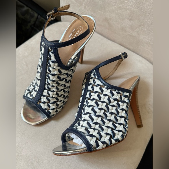 Coach Shoes - Coach woven sandal heels in navy/ chalk white